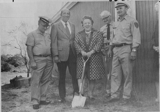 From the Archives: Station 2 Addition Groundbreaking.  From The Westerly Sun 10/15/73.  Caption:  &quot;Mrs. Helen D. Ross of the Quonochontaug Grange, digs the first shovelful of dirt during groundbreaking ceremonies for the addition to the Dunn's Corners Fire Station #2 at Quononchontaug yesterday.  Others participating in the excercies are (left to right) chief Henry M. Morris, Charlestown Town Councilman C. Robert McClean, Fire Department President John R. Nolan, and Assistant Chief Robert Hutchins.  The land for the addition was deeded to the fire district by the Quonochontaug Grange.  The addition will double the size of the existing station.&quot;